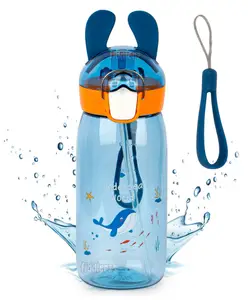 Fiddlerz Bunny Ear Theme Water Bottle With Straw Blue - 550 ml