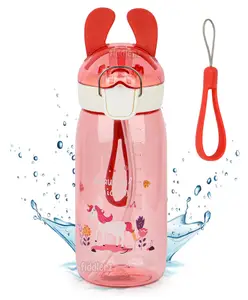 Fiddlerz Bunny Ear Theme Water Bottle With Straw Pink - 550 ml