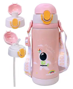 Toyshine Space Edition 2 in 1 Cup Insulated Kids Water Bottle Spill Proof Straw and Wide Mouth Cups, Pop Button, BPA Free Water Bottle for Kids School, Soft Grip Children's Drinkware Pink - 450 ML