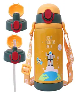 Toyshine Space Edition 2 in 1 Cup Insulated Kids Water Bottle Spill Proof Straw and wide mouth Cups, Pop Button, BPA Free Water Bottle for Kids School, Soft Grip Children's Drinkware Orange - 450 ML