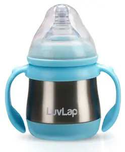 Luv Lap LuvLap SS 304 Stainless Steel Feeding Bottle with Nipples Blue - 240 ml