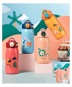 YAMAMA Cartoon Design Hot and Cold Water Bottle for Kids Double Walled Vacuum Insulated Stainless Steel Bottle , Insulated Stainless Steel Bottle, Thermos Flask with Straw 400 ML - Color May Vary