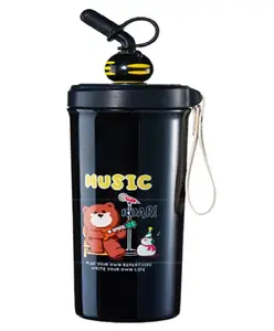 FunBlast Stainless Steel Double Wall Flask Bottle with Sipper & Straw Black - 480 ml