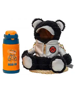 FunBlast Water Bottle with Cute Teddy Carry Cover and Straw Orange & Grey