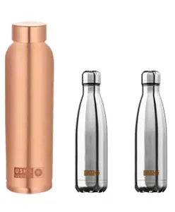 USHA SHRIRAM Pure Copper Bottle and Insulated Stainless Steel Water Bottle Pack of 3 Silver - 1950 ml