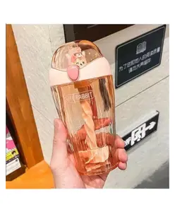 Negocio Spiral Straw Chicken Sipper Water Bottle For Kids Anti Spill With Strap Soft Silicone Straw BPA Free Cartoon Design One Touch Open Transparent (Color May Vary)- 460 ml