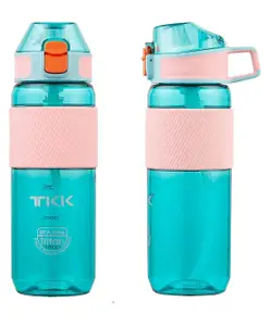 Negocio Water Bottle with Straw for School Kids and Adult TKK BPA FREE Tritan and Leak Proof Wide Mouth Flip Top Lid & Easy Carry Handle (Color May Vary)- 600 ml