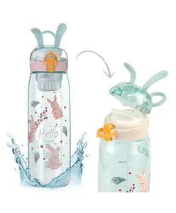 Elecart Bunny Rabbit Sipper Water Bottle 600ml with Lock & Fruit Filter for Kids Student - Cyan