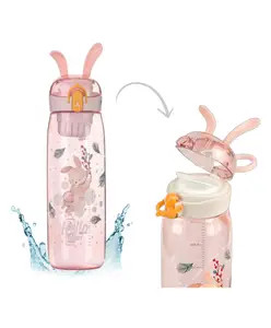 Elecart Bunny Rabbit Sipper Water Bottle 600ml with Lock & Fruit Filter for Kids Student - Pink