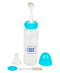 Mee Mee Polypropylene Baby Feeding Bottle With Spoon Blue - 250 ml