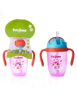 Baybee Baby Feeding Sipper Bottle with Anti Spill Sippy Cup with Soft Silicone Straw & Non Toxic Feeding Bottle for Baby Pink - 300 ml