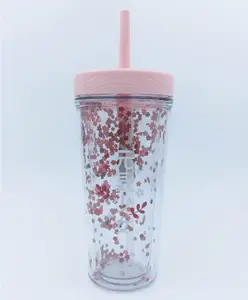 Sanjary Glitter Sipper Bottle with Straw and Lid Pink - 400 ml