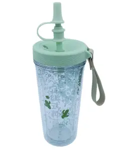 Sanjary Glitter Sipper Bottle with Straw and Lid Green - 400 ml