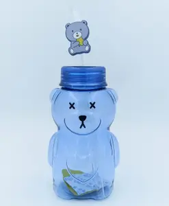 Sanjary Teddy Shaped Water Bottle with Straw Blue - 430 ml