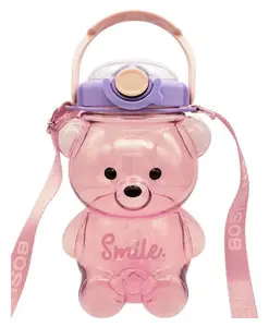 Sanjary Big Bear Kids Water Bottle with Spill Proof Straw & Pop Button Pink - 1000 ml