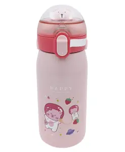 SANJARY BPA Free Double Walled Vacuum Insulated Stainless Steel Cartoon Print Water Bottle with Straw Light Pink - 530 ml