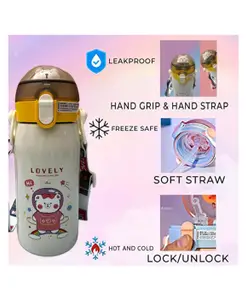 SANJARY BPA Free Double Walled Vacuum Insulated Stainless Steel Cartoon Print Water Bottle with Straw White - 530 ml