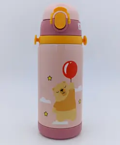 Sanjary Dual Cap Double Walled Vacuum Insulated Water Bottle with Straw Pink - 450 ml