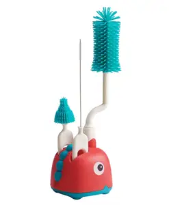 Adore Li'l Dino 3 in 1 Bottle Cleaning Brush kit with Drying Stand with Food Grade Silicone Bristles- Red