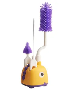 Adore Li'l Dino 3 in 1 Bottle Cleaning Brush kit with Drying Stand with Food Grade Silicone Bristles- Yellow