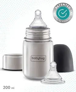 Babyhug Stainless Steel Feeding Bottle 220 ml | Sterilizable| Durable | 304 Grade | Anti Colic | Extra Cap | BPA Free | Wide Neck | 304 Grade