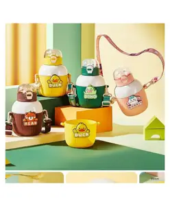 YAMAMA Cute Animal Design Insulated Stainless Steel Water Bottle for Kids Hot And Cold Thermos Flask with Straw Suitable for School Kids water Bottle or Picnic Water Bottle For Kids 450 ml - (Pack of 1 - Design And Color May Vary)