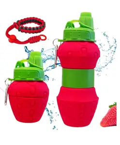 YAMAMA Silicone Sipper Bottle Bottle Strawberry Expandable Water Bottle for Home, Office, Gym, Trekking, BPA Free Food-Grade Collapsible Leak Proof Portable Travel Water Bottle 600ml - Multicolor