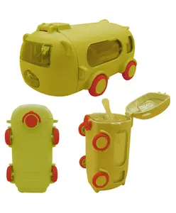 Asera Cute Bear Bus Water Bottle With 500 ml Capacity, Anti-Leak Kids Water Bottle Bpa Free, Hanging Water Bottle With Shoulder Strap Straw Moving Wheel Birthday Return Gift For Kids (Yellow)