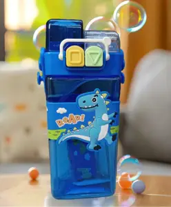 New Pinch Dino Kid's Cartoon Water Bottle with Adjustable Strap Cute Double Drinking Straw Cup | Leak-Proof, Portable Tumbler Perfect for School & Outdoor Fun - Pack of 1 - Color May Vary