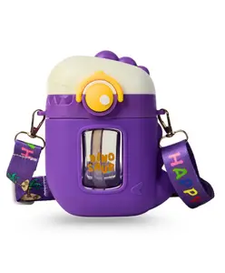 Paper Moon Push Lock Silicone Cover Glass Dinosaur Sipper Bottle with Strap for Kids, Color May Vary - 550ml