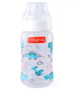 Babyhug Wide Neck Feeding Bottle with Silicone Nipple Dino Print - 250ml| Microwave and Sterilizer Safe| BPA Free| Easy to Clean & Hygienic| Measuring Scale| Anti-colic| Leak Proof