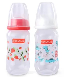 Babyhug Standard Neck Feeding Bottle Pack of 2 - 125 ml Each| Leak-Proof| Anti-colic Silicone Nipple| Microwave and Sterilizer Safe| BPA Free| Measuring Scale| Slow Flow| Easy to Clean & Hygienic