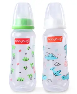 Babyhug Standard Neck Feeding Bottle Pack of 2 - 250 ml Each| Leak-Proof| Anti-colic Silicone Nipple| Microwave and Sterilizer Safe| BPA Free| Measuring Scale| Slow Flow| Easy to Clean & Hygienic