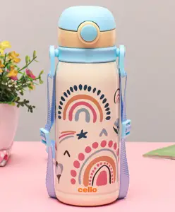 Cello Hopup 500 Stainless Steel Water Bottle With Rainbow & Floral Print Light Yellow & Light Blue - 440 ml