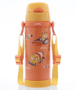 Cello Squad 500 Stainless Steel Sipper Water Bottle with Construction Vehicle Print Orange - 430 ml