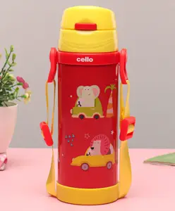 Cello Squad 500 Stainless Steel Water Bottle With Animals & Vehicles Print Red - 430 ml