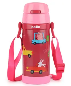 Cello Squad 500 Stainless Steel Sipper Water Bottle with Vehicle Print Pink - 430 ml