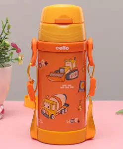 Cello Squad 350 Stainless Steel Water Bottle With Construction Vehicles Print Orange - 350 ml