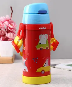 Cello Stainless Steel Water Bottle with Animals on Car Print Red - 350 ml