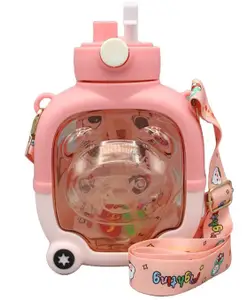 New Pinch Cartoon Bear Kids Water Bottle Cute Plastic Water Bottle with Straw Large Capacity Portable for Children- Pack of 1- Color May Vary - 1000 ml