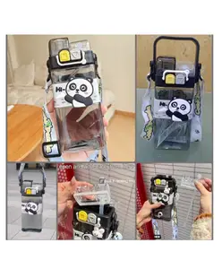 Sanjary Kid's Cartoon Water Bottle with Adjustable Strap Cute Double Drinking Straw Leak-Proof, Portable Tumbler color design may vary - 500 ml