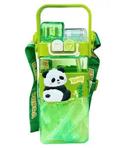 YAMAMA Yeah Panda Double Straw Water Bottle With Handle Animal Design 520ml 2-Way Sipper Water Bottle For Kids Leakproof And BPA-Free Cute And Durable School Bottle For Boys And Girls Kids Water Bottle 520 ml - Multicolor