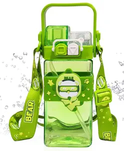 YAMAMA Cool Bear Double Straw Water Bottle With Handle Animal Design 520ml 2-Way Sipper Water Bottle For Kids Leakproof And BPA-Free Cute And Durable School Bottle For Boys And Girls Kids Water Bottle 520 ml - Multicolor