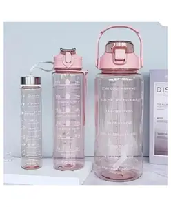 New Pinch Silicone Sipper Water Bottle For Adults With Motivational Time Marker & Leak Proof 3 Different Size Bottle -300 ml/800 ml/2000 ml For Office, Gym, School, Collage, Home (3Pcs) (pink )