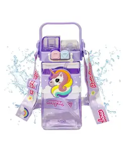 FunBlast Unicorn Theme Water Bottle with Dual Cap, Straw, Strap & Carry Handle Purple - 520 ml