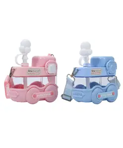 YAMAMA Dudu Train Double Sipper Drinking Water Bottle for Kids 530 ml Leak-Proof Water Bottle with Strap & Sipper (Pack of 1 Color May Vary)
