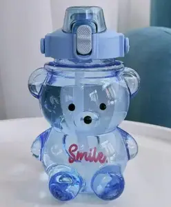 New Pinch Teddy Bear Water Bottle With Soft Silicone Straw - 1000 ml Plastic Leak Proof, Push Button Opening, Strap for Carrying (Transparent)Blue