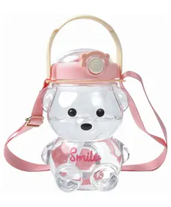 New Pinch Teddy Bear Water Bottle With Soft Silicone Straw - 1000 Ml Plastic Leak Proof, Push Button Opening, Strap for Carrying (Transparent) pink