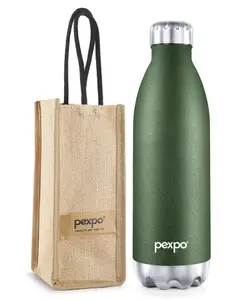 PEXPO Electro Hot & Cold ISI Certified with Jute Bag | Stainless Steel Water Bottle - 1500ml Military Green | Thermoflask | Office Bottle | Workout | Travelling | Home