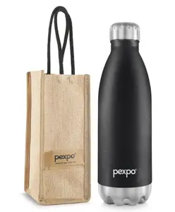 PEXPO Electro Hot & Cold ISI Certified with Jute Bag | Stainless Steel Water Bottle - 1500 ml Knight Black | Thermoflask | Office Bottle | Workout | Travelling | Home